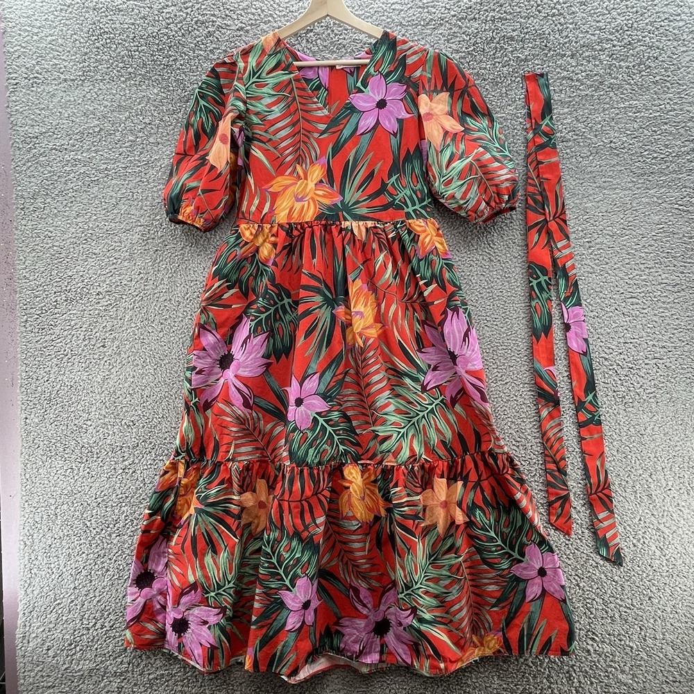 Maude‎ Vivante Dress Large Red Bold Tropical Floral Peasant Boho Tiered Maxi